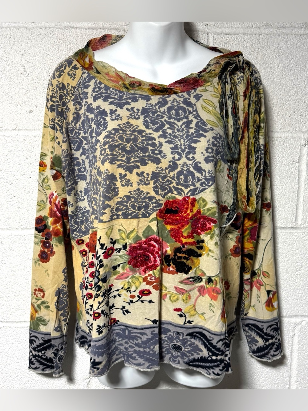 Rene Derhy Artsy Floral Damask Beaded Patchwork Top Shirt Size 14/16 Fairy